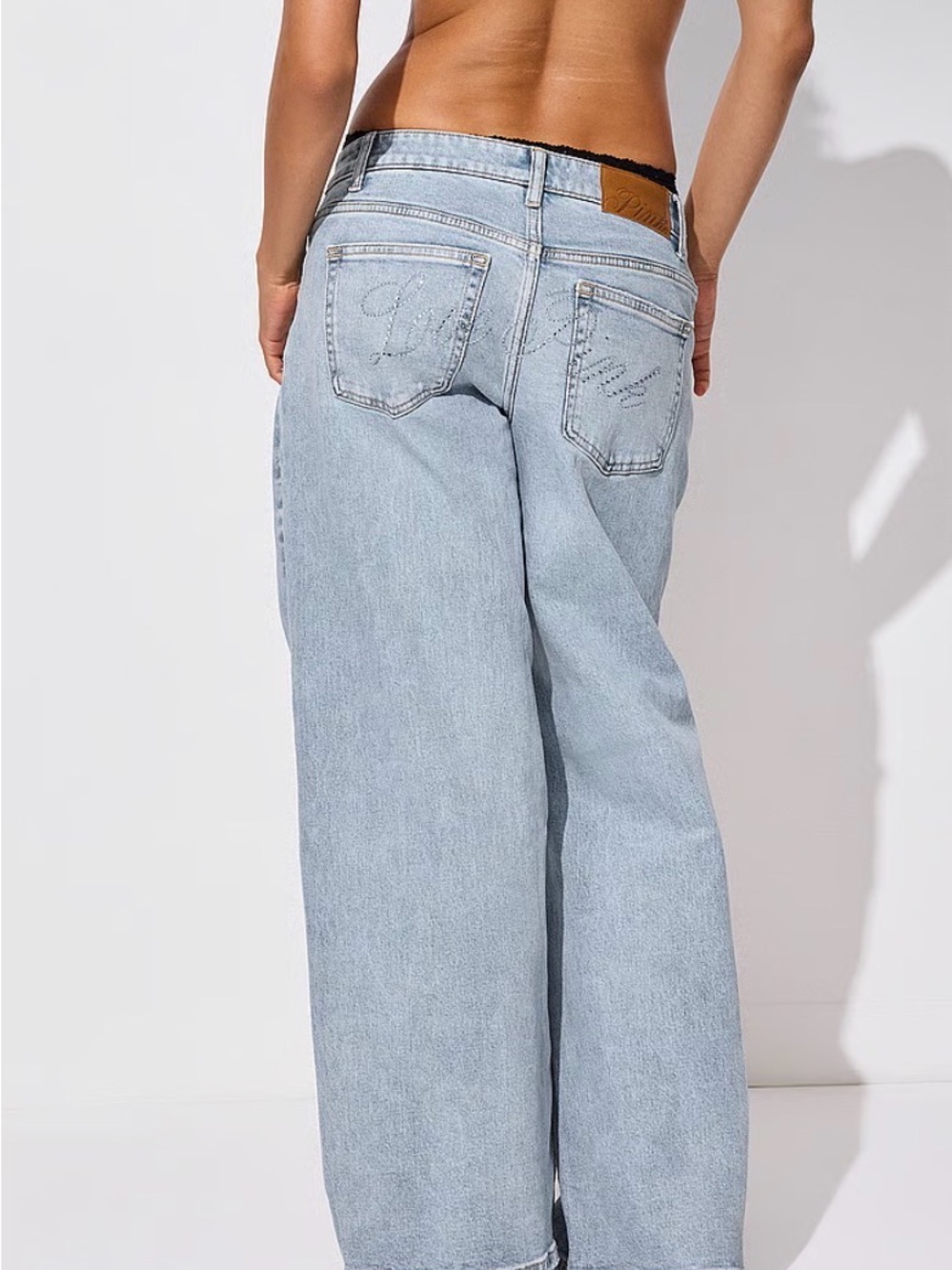 PINK Victoria’s Secret Baggy light blue Jeans w/ “LOVE PINK” Bling on pockets